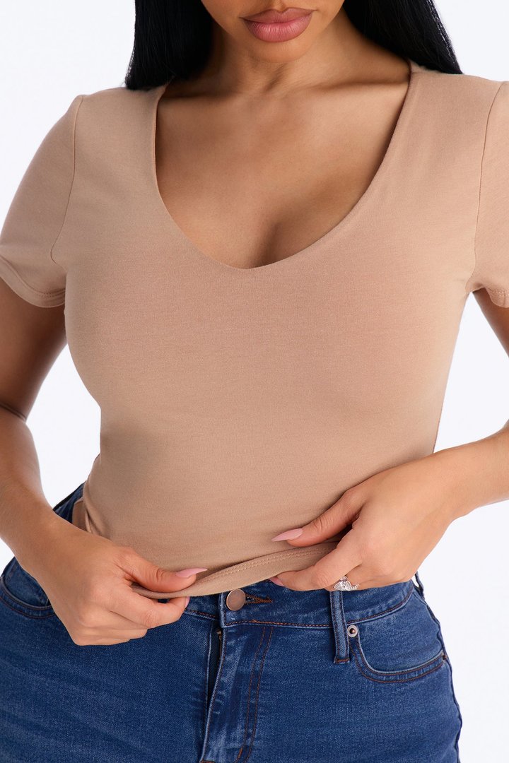 Sophia Double Layer V Neck Baby Tee - Mocha