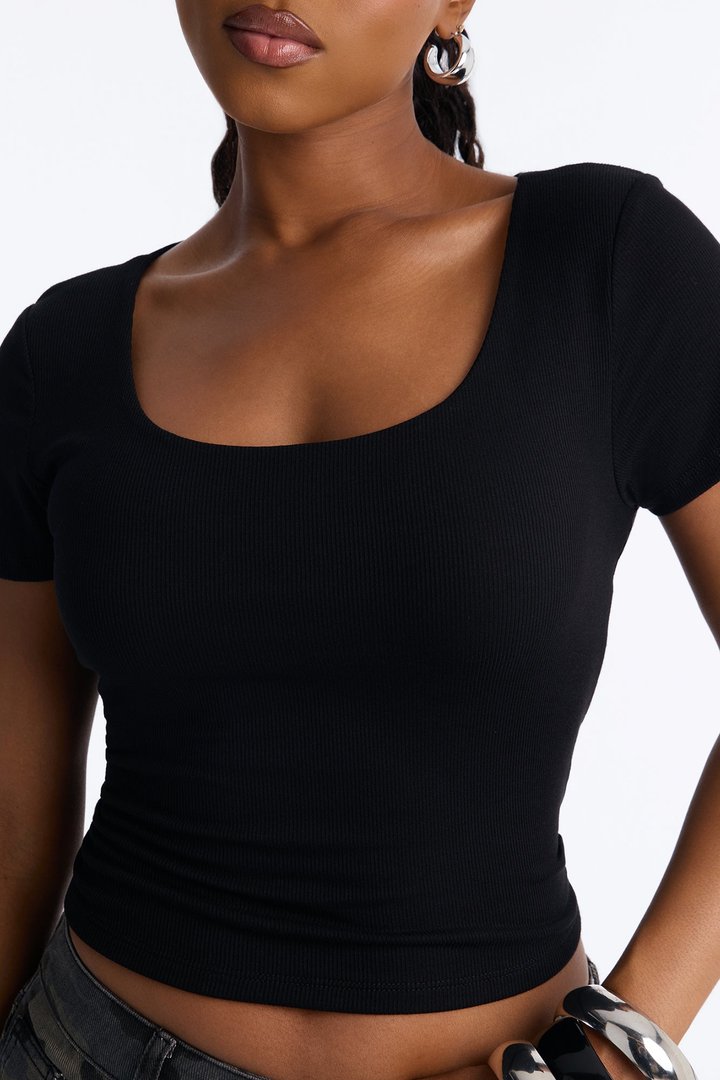 Chelsea Double Layered Scoop Neck Rib Baby Tee - Black