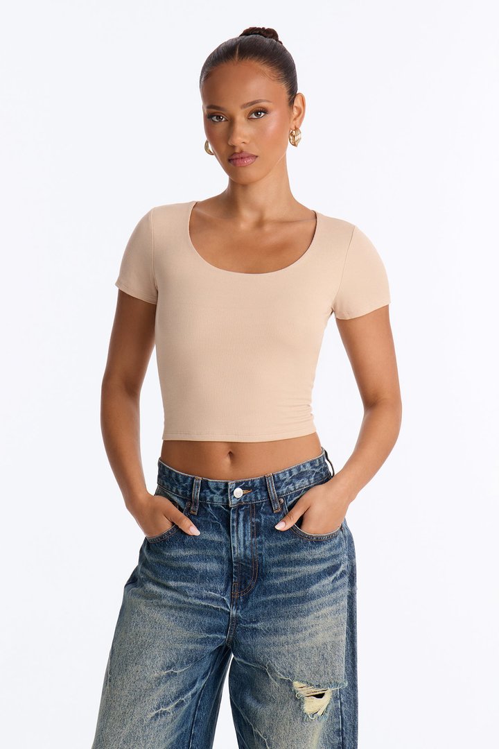 Chelsea Double Layered Scoop Neck Rib Baby Tee - Desert Dune
