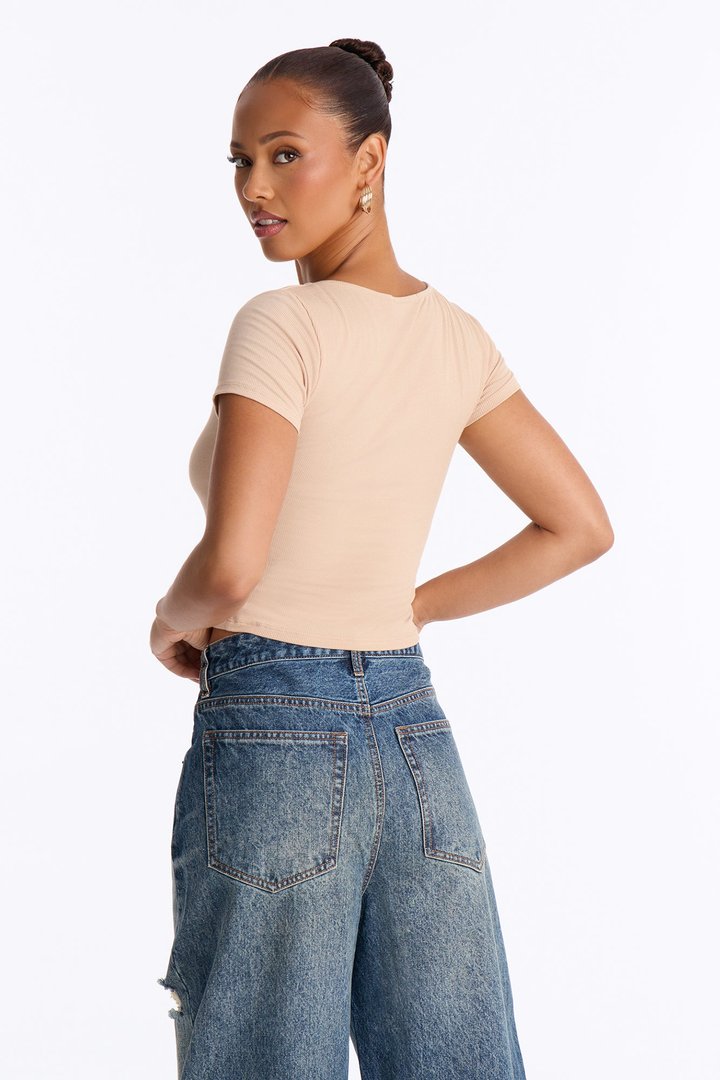 Chelsea Double Layered Scoop Neck Rib Baby Tee - Desert Dune