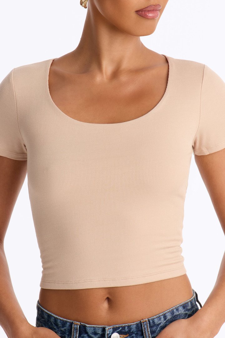 Chelsea Double Layered Scoop Neck Rib Baby Tee - Desert Dune