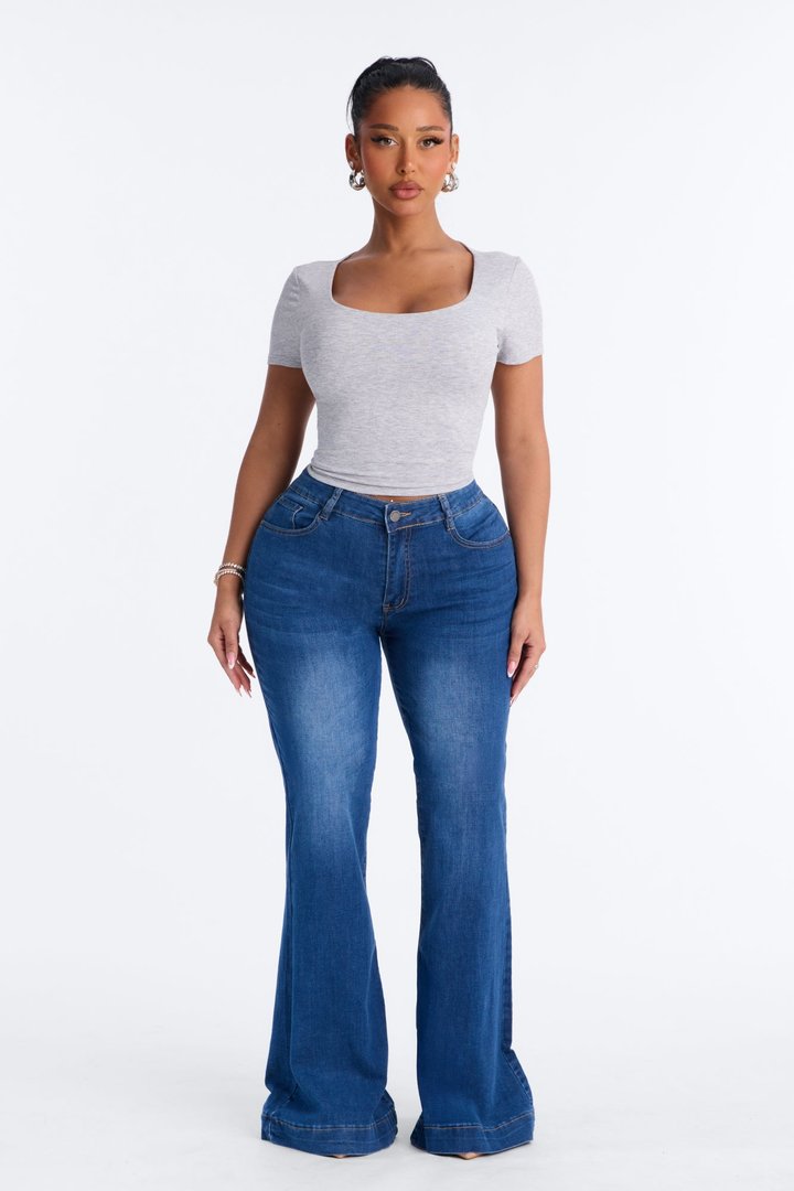 Chelsea Double Layered Scoop Neck Rib Baby Tee - Heather Grey