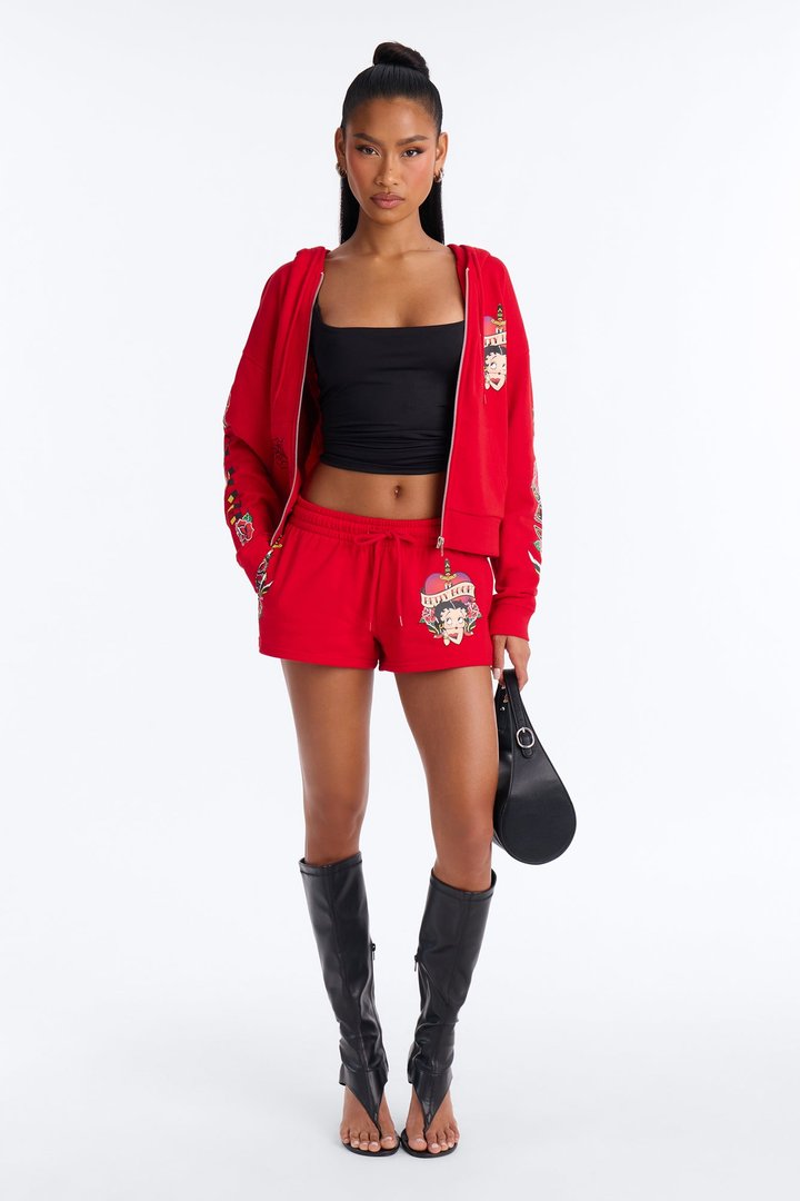Betty Boop Tattoo Zip Up Crop Sweatshirt - Red