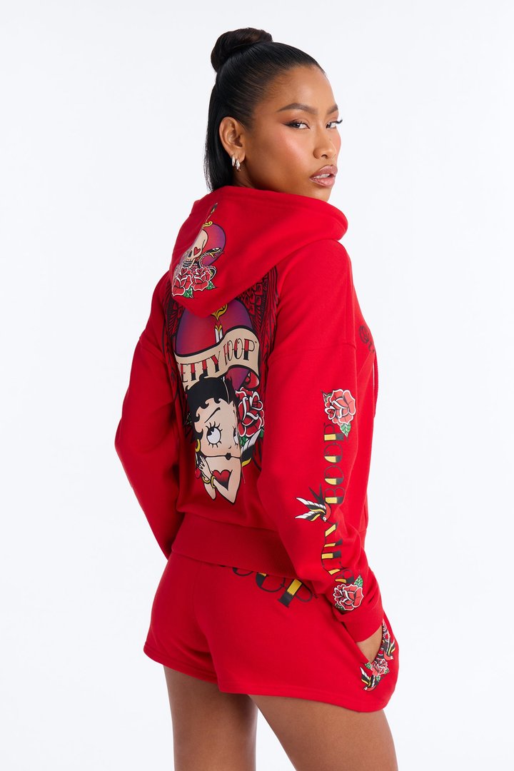 Betty Boop Tattoo Zip Up Crop Sweatshirt - Red