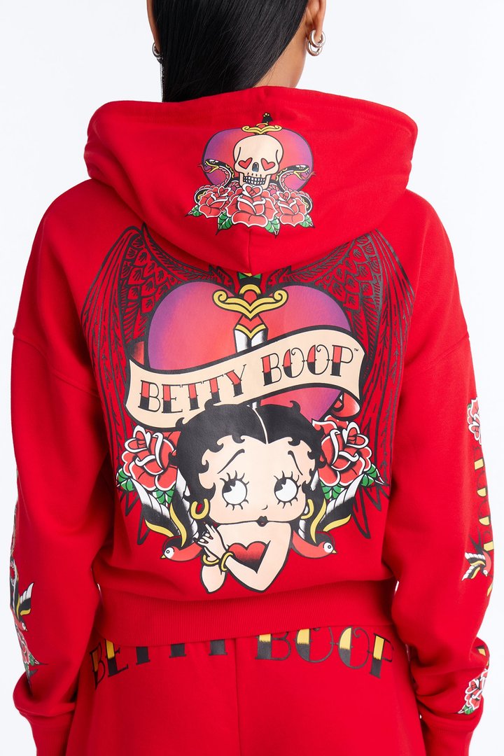Betty Boop Tattoo Zip Up Crop Sweatshirt - Red