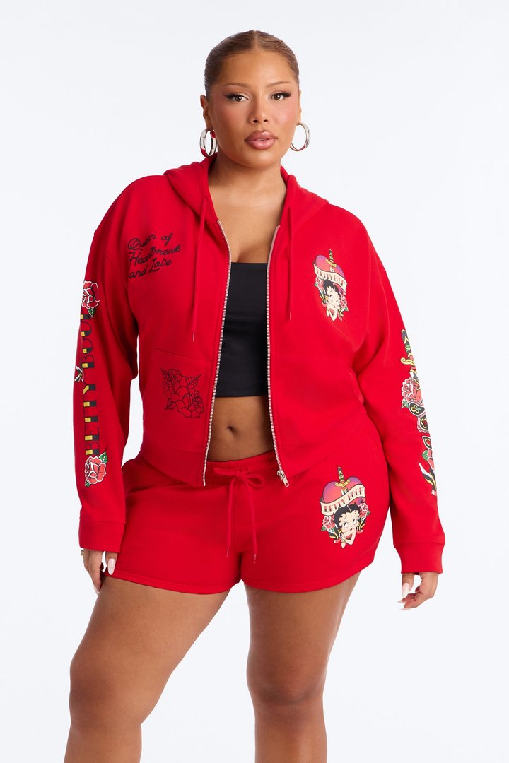 Betty Boop Tattoo Zip Up Crop Sweatshirt - Red