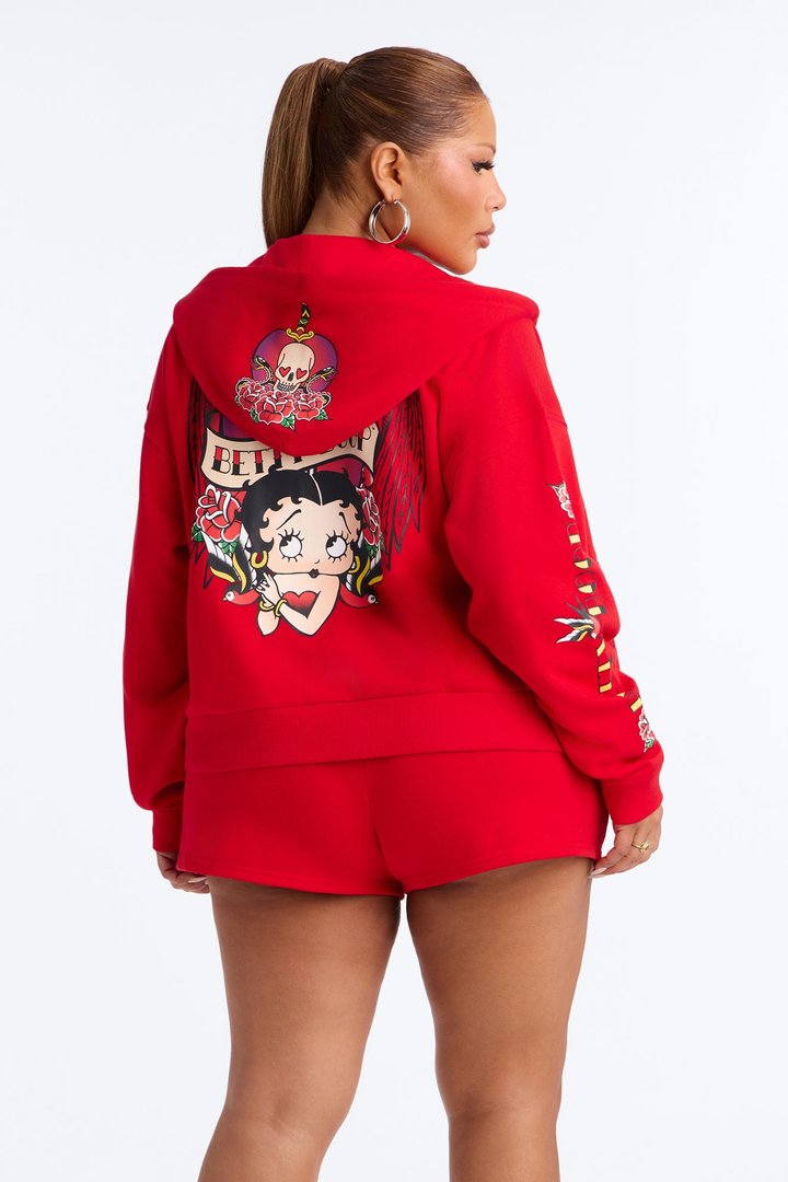 Betty Boop Tattoo Zip Up Crop Sweatshirt - Red