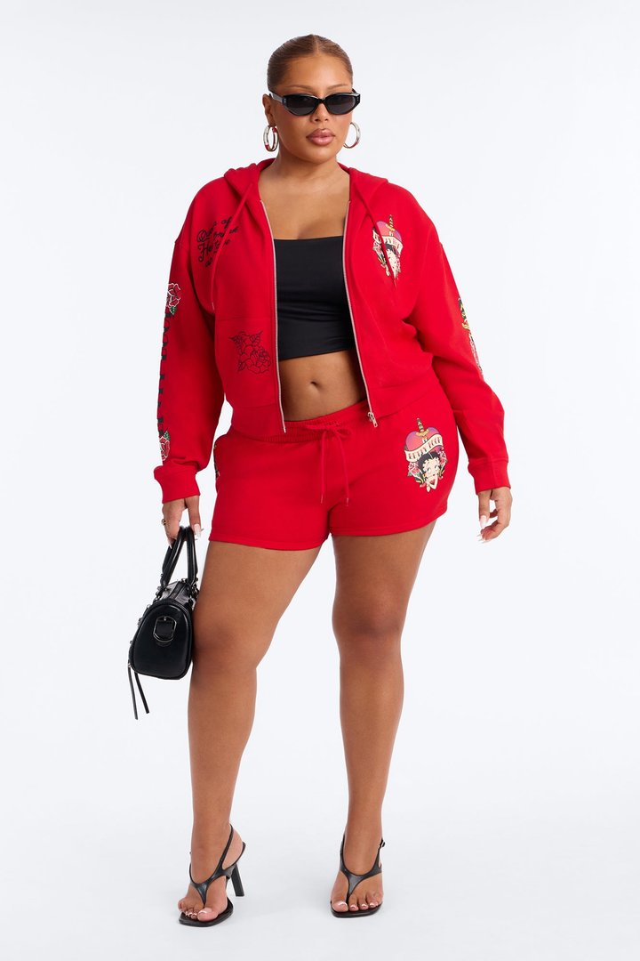 Betty Boop Tattoo Zip Up Crop Sweatshirt - Red