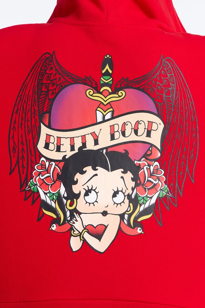 Betty Boop Tattoo Zip Up Crop Sweatshirt - Red
