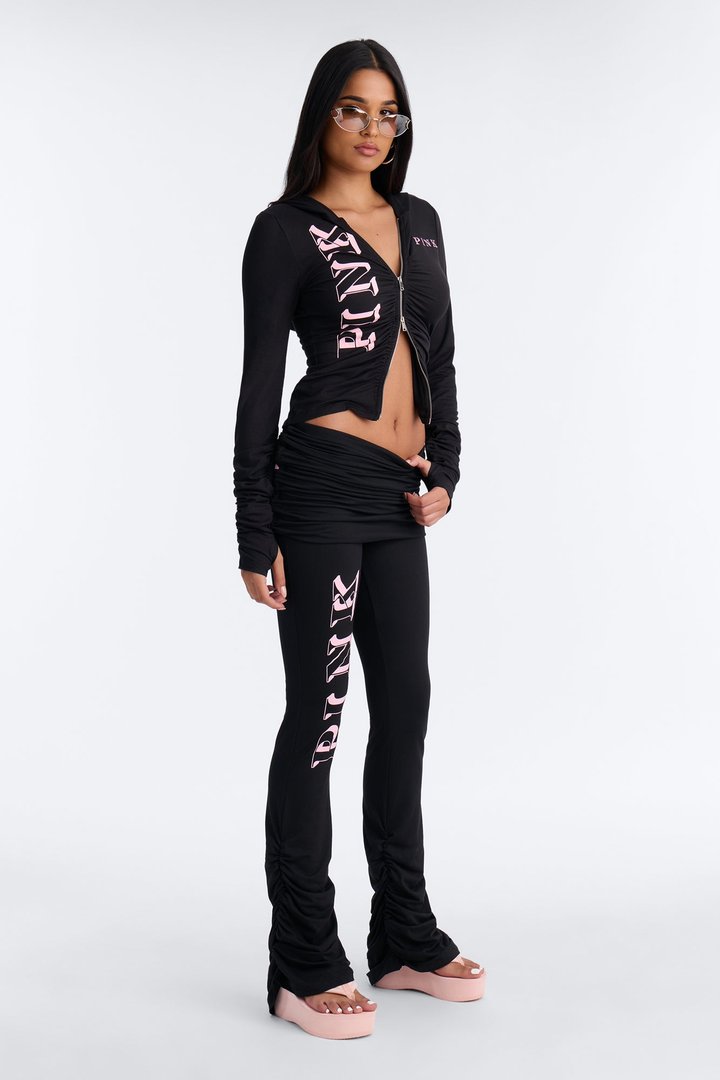 PINK London Ruched Zip-Up Sweatshirt - Black