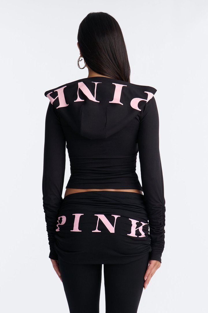 PINK London Ruched Zip-Up Sweatshirt - Black