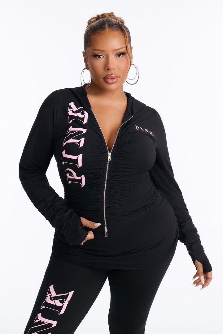 PINK London Ruched Zip-Up Sweatshirt - Black