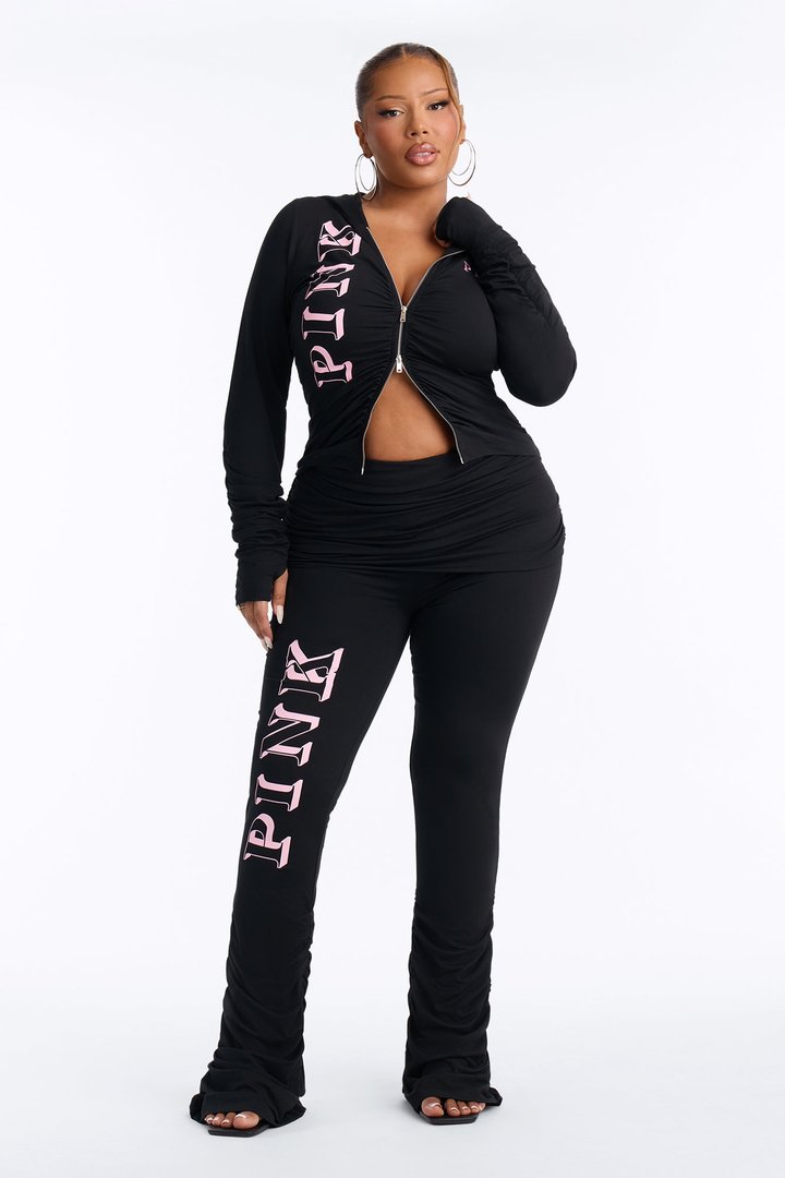 PINK London Ruched Zip-Up Sweatshirt - Black