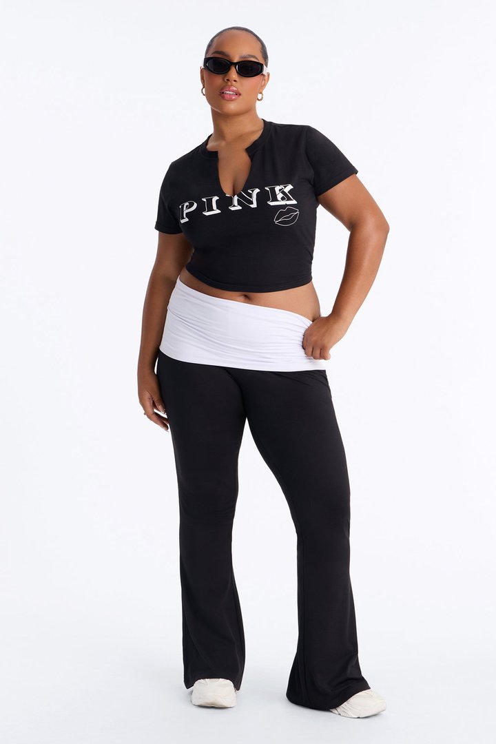PINK London Foldover Logo Flare Pant - Black/White