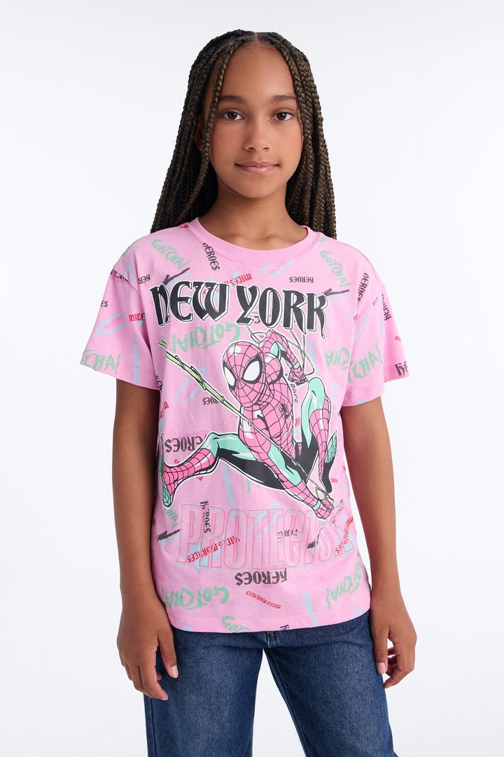 Mini Spiderman New York Short Sleeve Tee - Pink