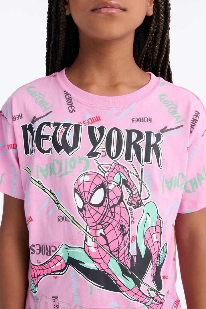 Mini Spiderman New York Short Sleeve Tee - Pink