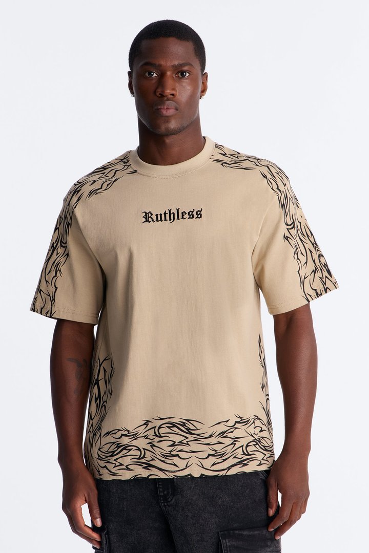 Ruthless Embroidered Heavy Weight Oversized Short Sleeve Tee - Taupe