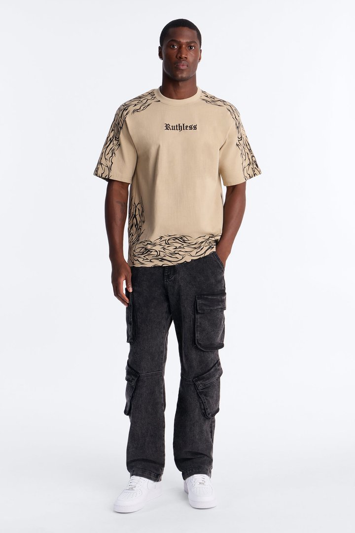 Ruthless Embroidered Heavy Weight Oversized Short Sleeve Tee - Taupe
