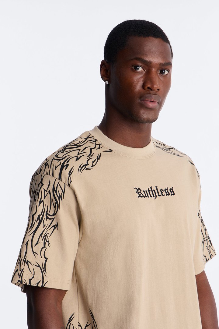 Ruthless Embroidered Heavy Weight Oversized Short Sleeve Tee - Taupe