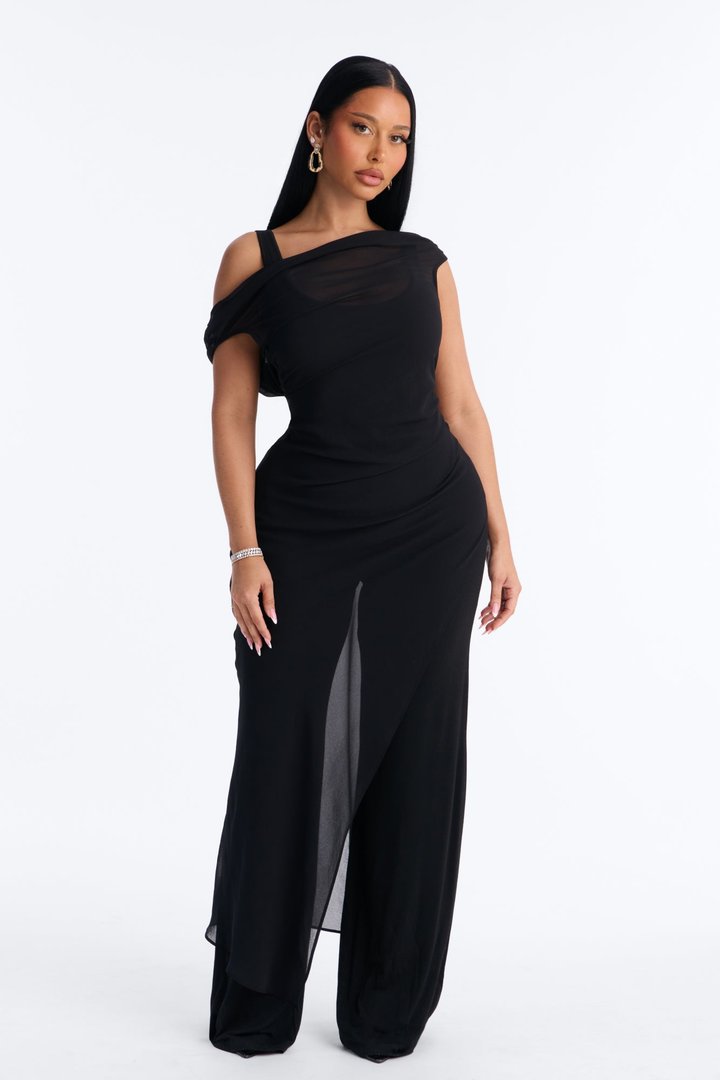 Brena 2 Piece Sheer Draped Jumpsuit - Black