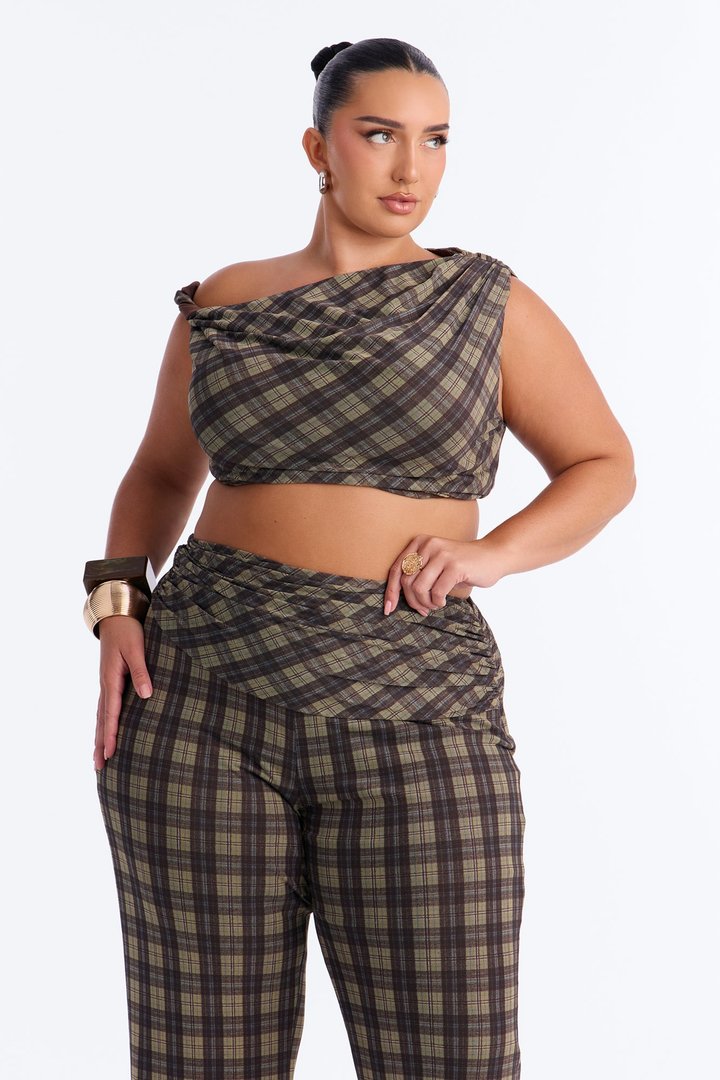 Sadie Mesh Plaid Pant Set - Green/combo