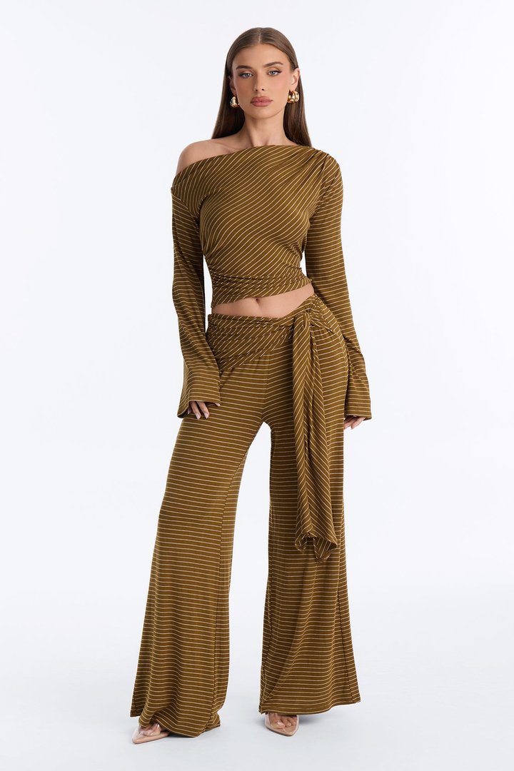 Layla Striped Off Shoulder Pant Set - Olive/combo