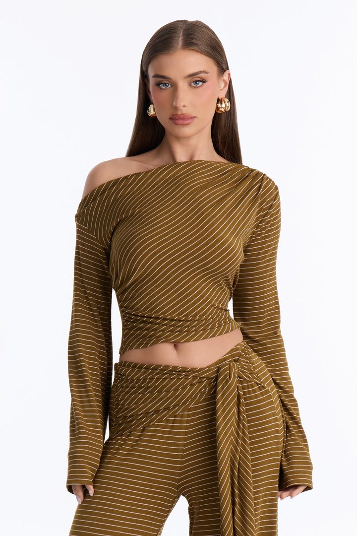 Layla Striped Off Shoulder Pant Set - Olive/combo