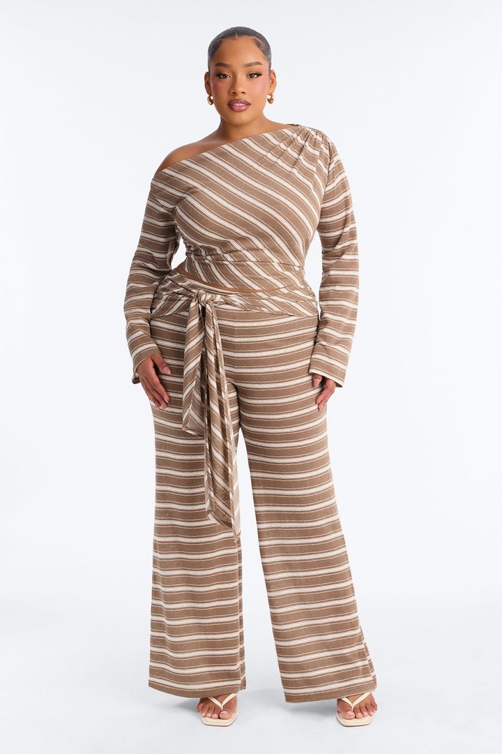 Rebecca Off Shoulder Striped Pant Set - Mocha/combo