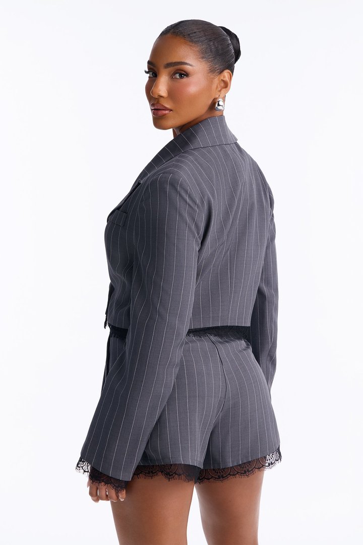 Pia Pinstripe Cropped Blazer Short Set - Charcoal