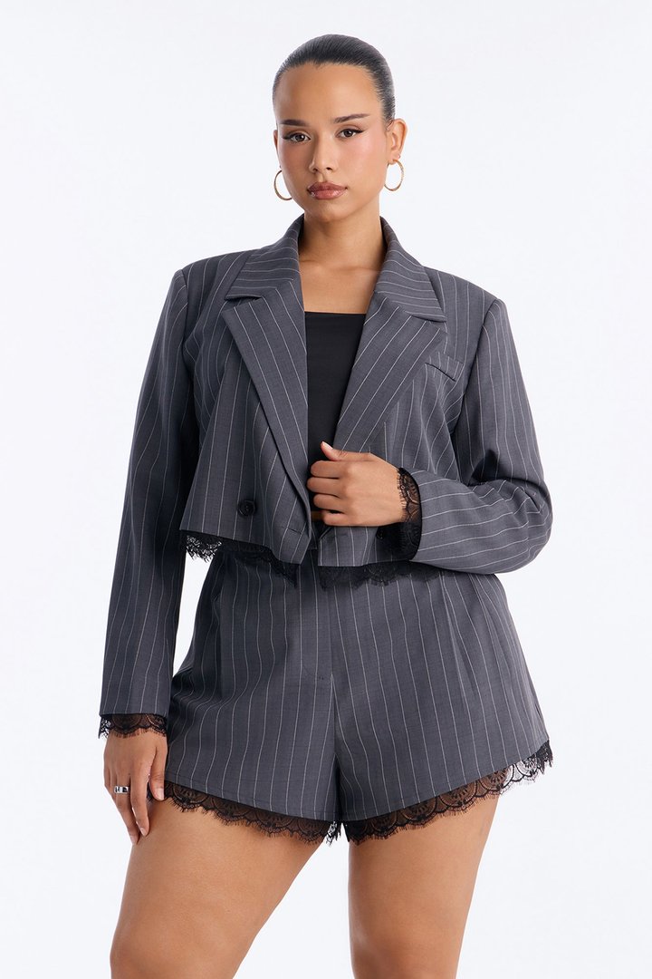 Pia Pinstripe Cropped Blazer Short Set - Charcoal