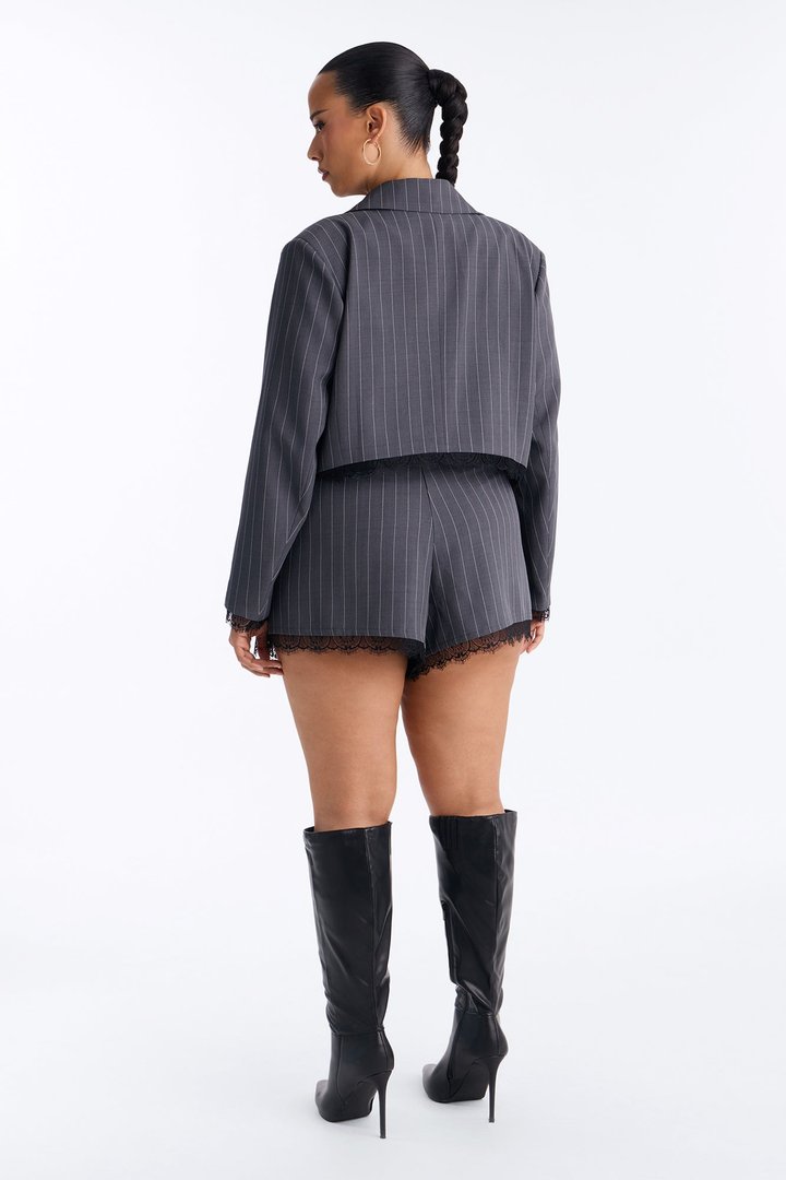 Pia Pinstripe Cropped Blazer Short Set - Charcoal