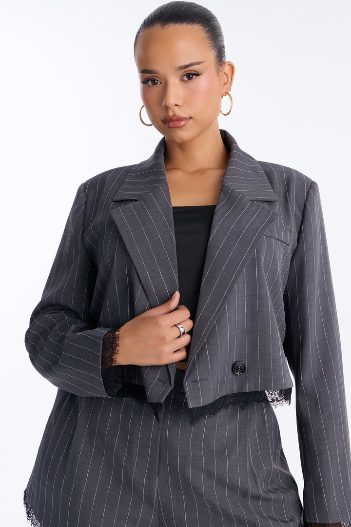 Pia Pinstripe Cropped Blazer Short Set - Charcoal