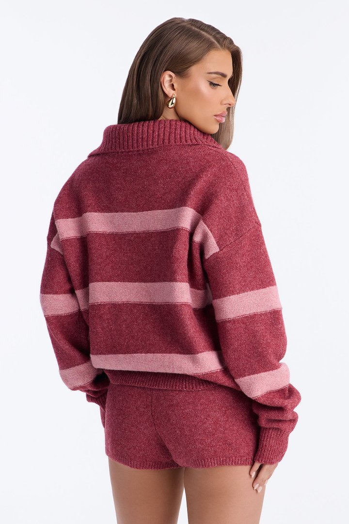 Olivia Striped Sweater Short Set - Burgundy/combo