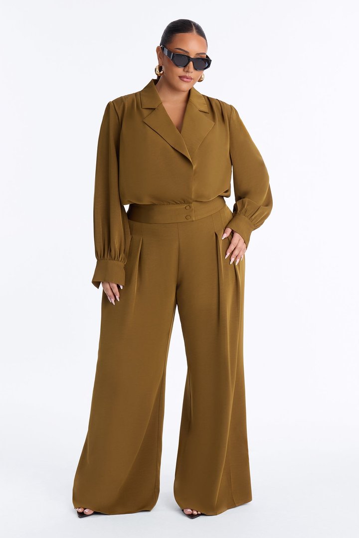 Ozella Pleated Wide Leg Pant Set - Olive