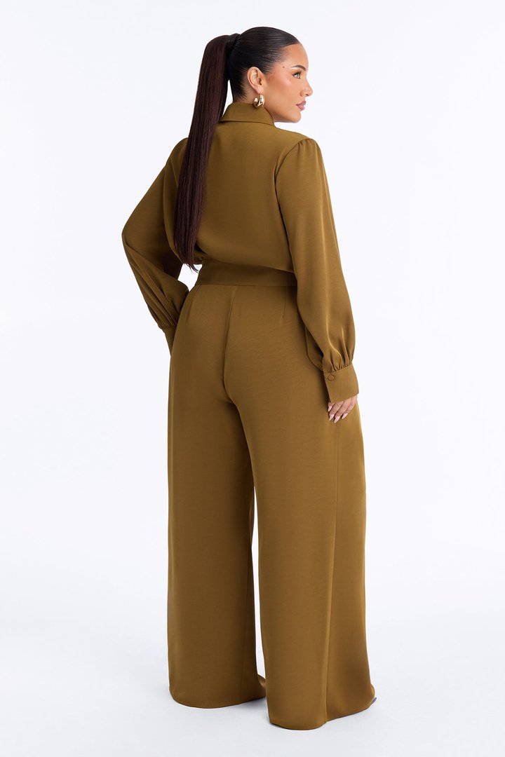 Ozella Pleated Wide Leg Pant Set - Olive
