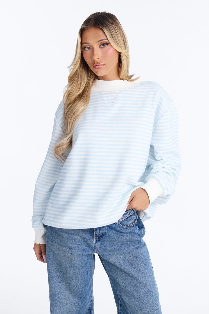 Molly Striped Fleece Mock Neck Hoodie - Light Blue