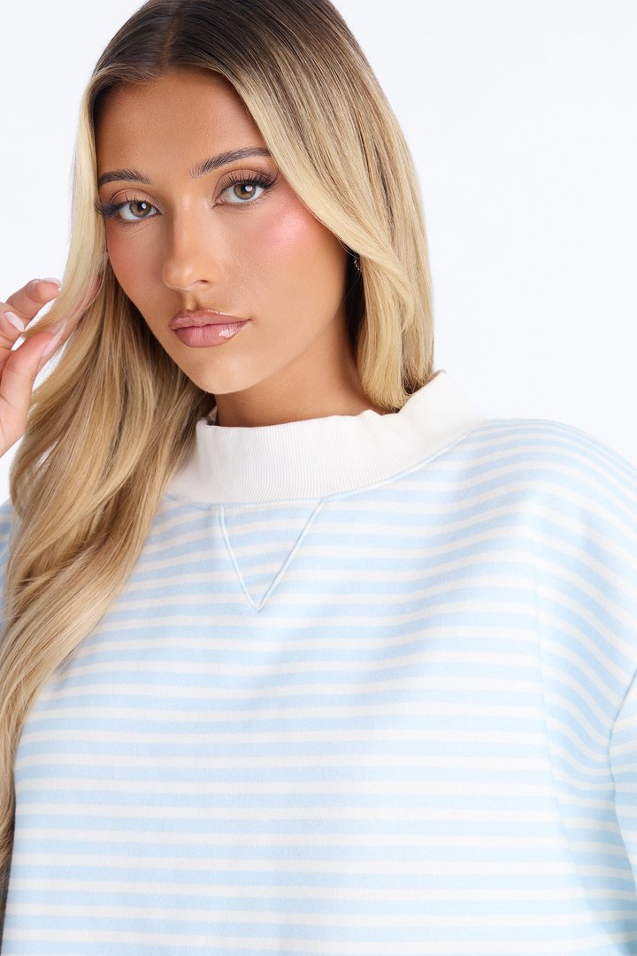 Molly Striped Fleece Mock Neck Hoodie - Light Blue