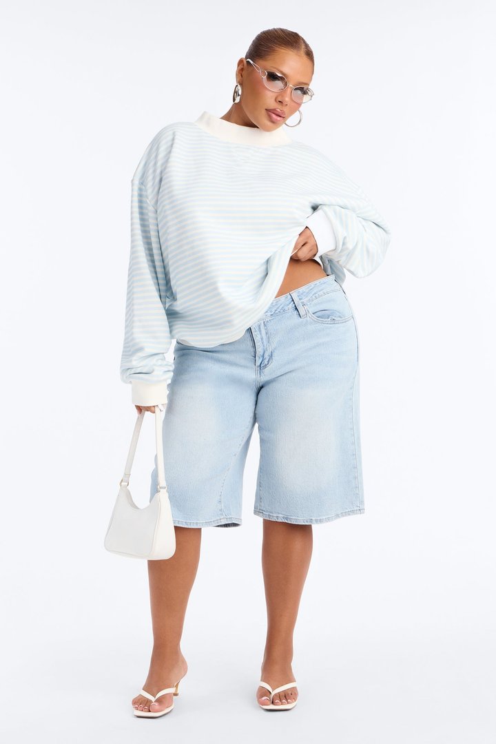 Molly Striped Fleece Mock Neck Hoodie - Light Blue