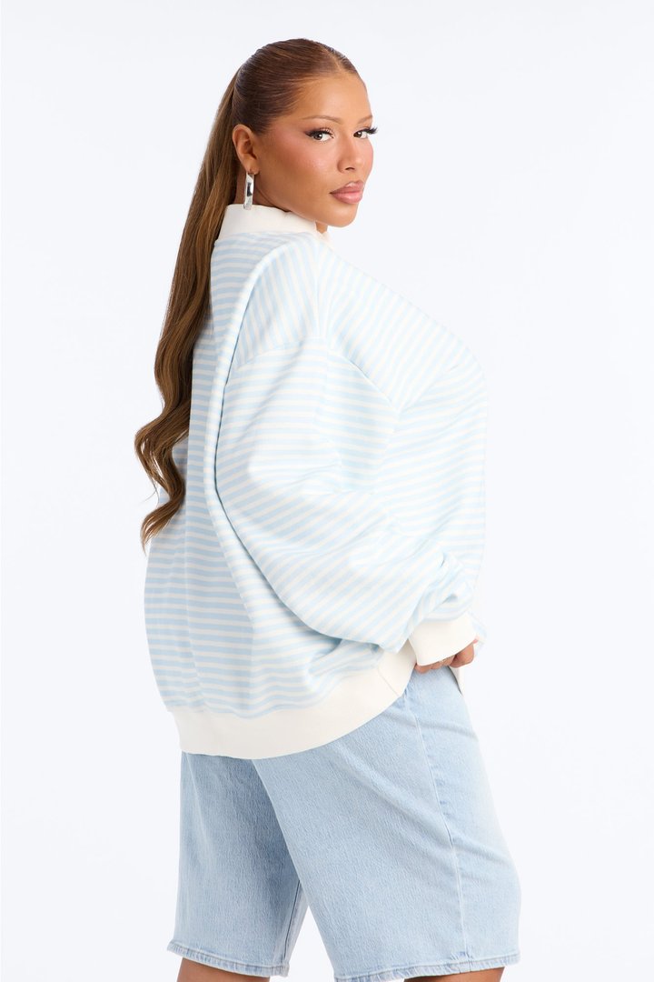 Molly Striped Fleece Mock Neck Hoodie - Light Blue