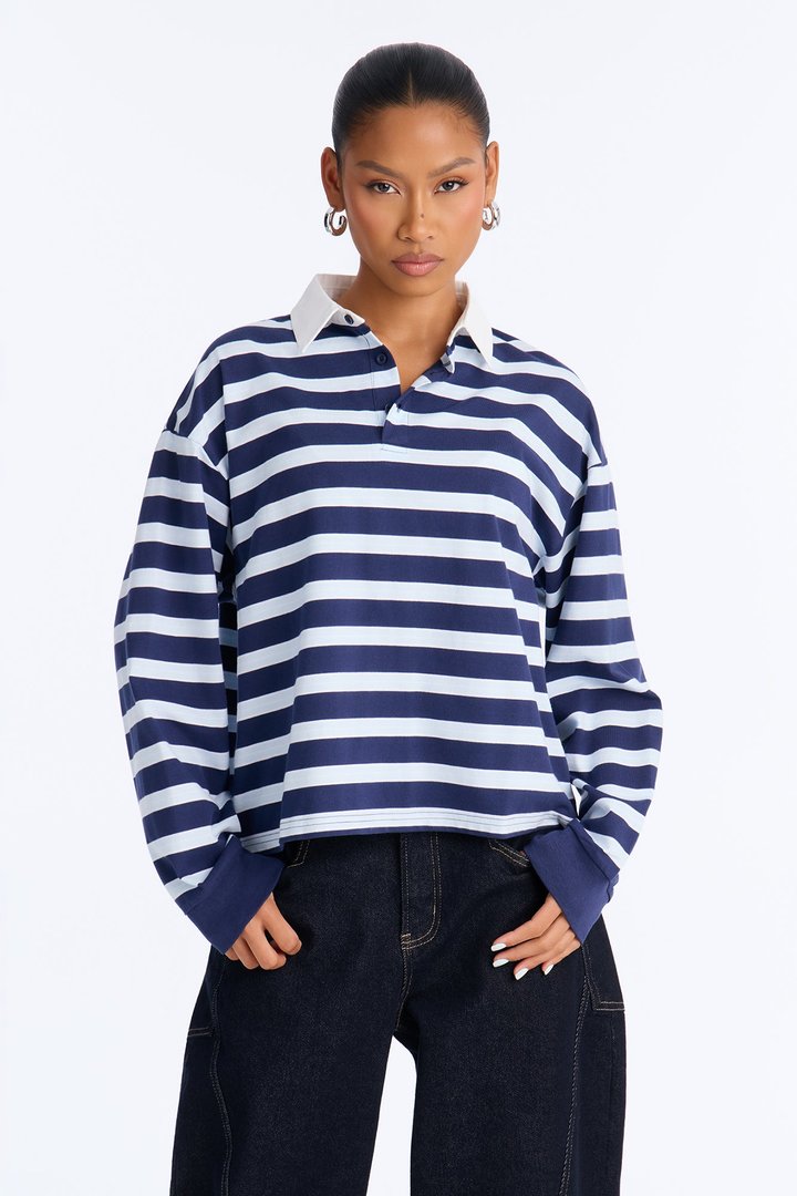 Tara Striped Long Sleeve Polo - Blue/combo
