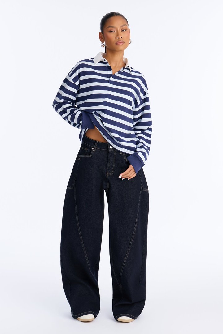 Tara Striped Long Sleeve Polo - Blue/combo