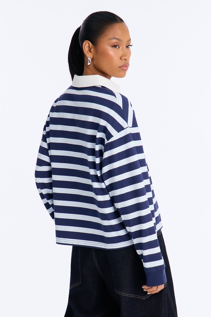 Tara Striped Long Sleeve Polo - Blue/combo
