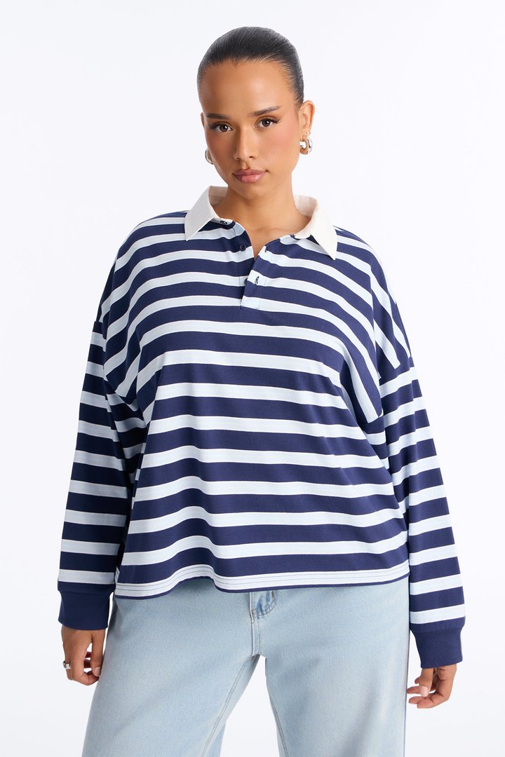 Tara Striped Long Sleeve Polo - Blue/combo