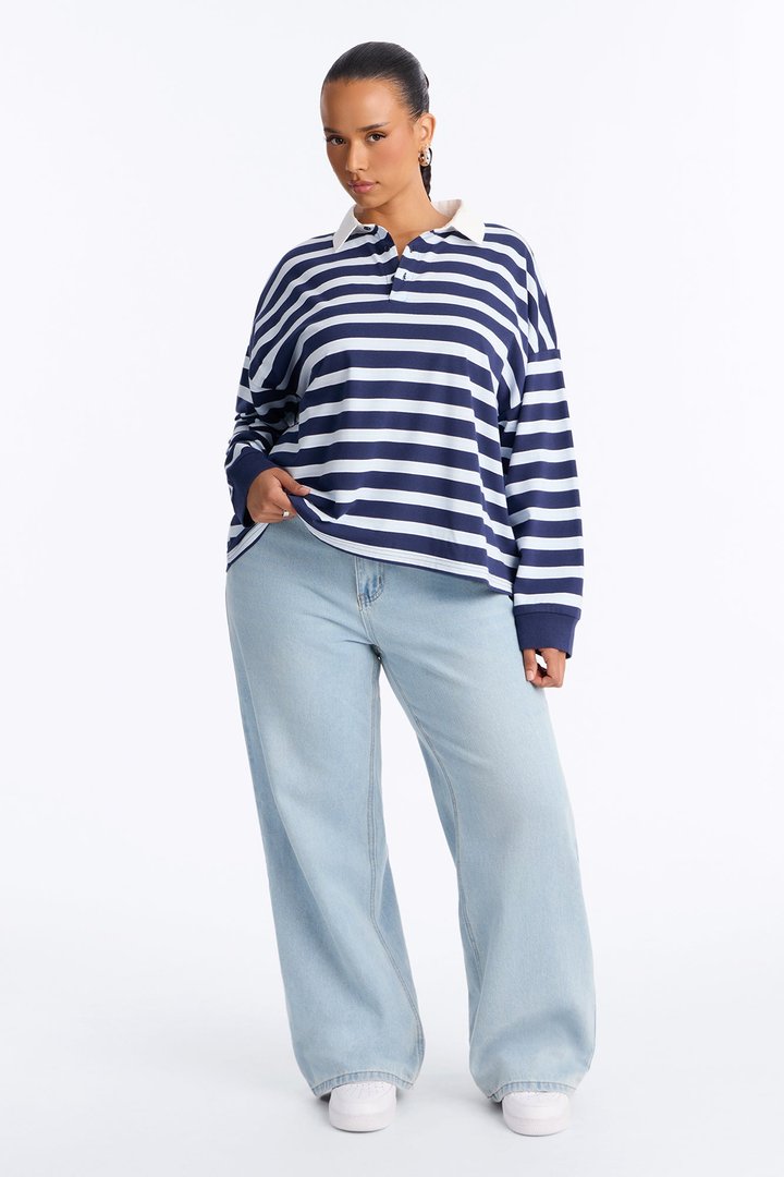 Tara Striped Long Sleeve Polo - Blue/combo
