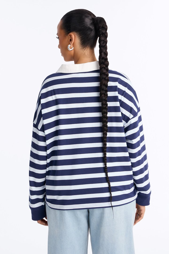 Tara Striped Long Sleeve Polo - Blue/combo