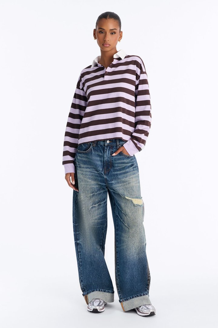 Tara Striped Long Sleeve Polo - Lavender/combo