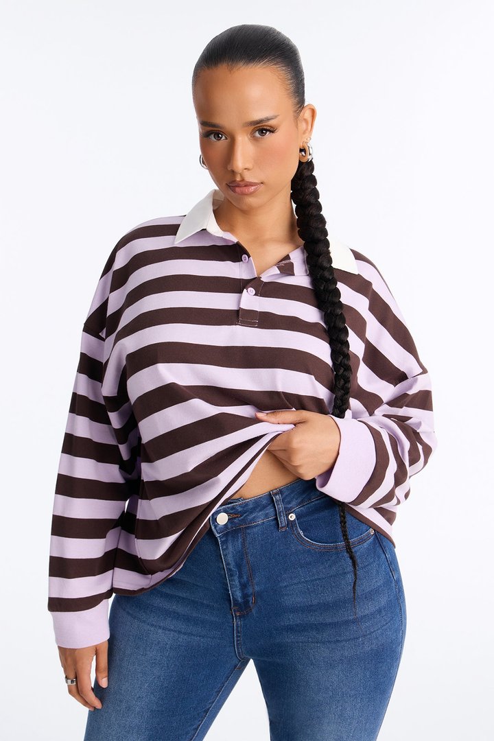 Tara Striped Long Sleeve Polo - Lavender/combo