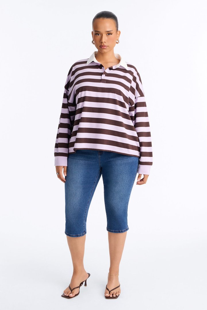 Tara Striped Long Sleeve Polo - Lavender/combo