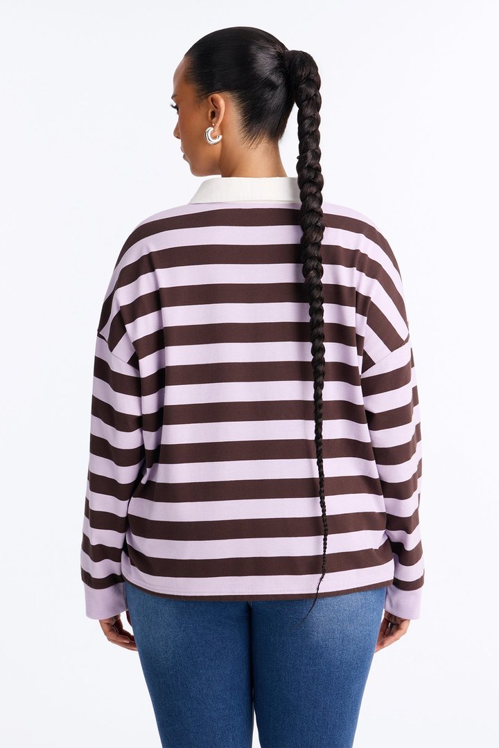 Tara Striped Long Sleeve Polo - Lavender/combo