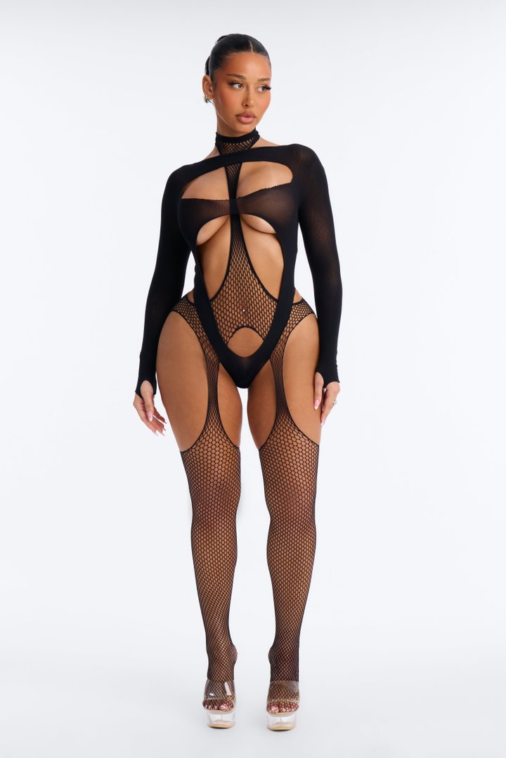 Forbidden Obsession Fishnet Suspenders Cut Out 2 Piece Set - Black